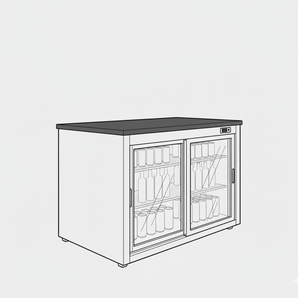 Close-up of a two-door under-counter refrigerated prep unit in a kitchen setting.