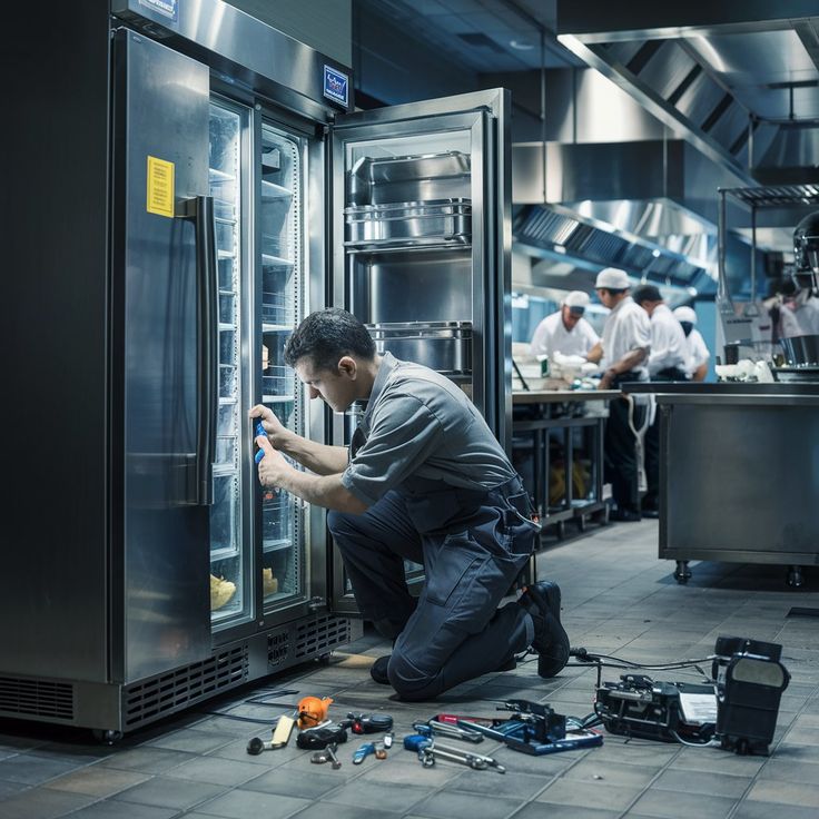 Mechanic working on a large industrial refrigerator in a kitchen setting