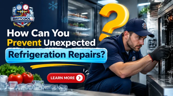 Britcool Ltd technician inspecting a commercial refrigeration unit with a banner about preventing unexpected refrigeration repairs and maintenance services.
